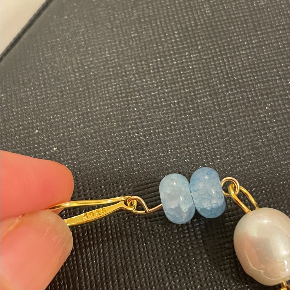 Elegant sterling 925 Gold and aquamarine  Pearl Drop Earrings - Picture 8 of 10